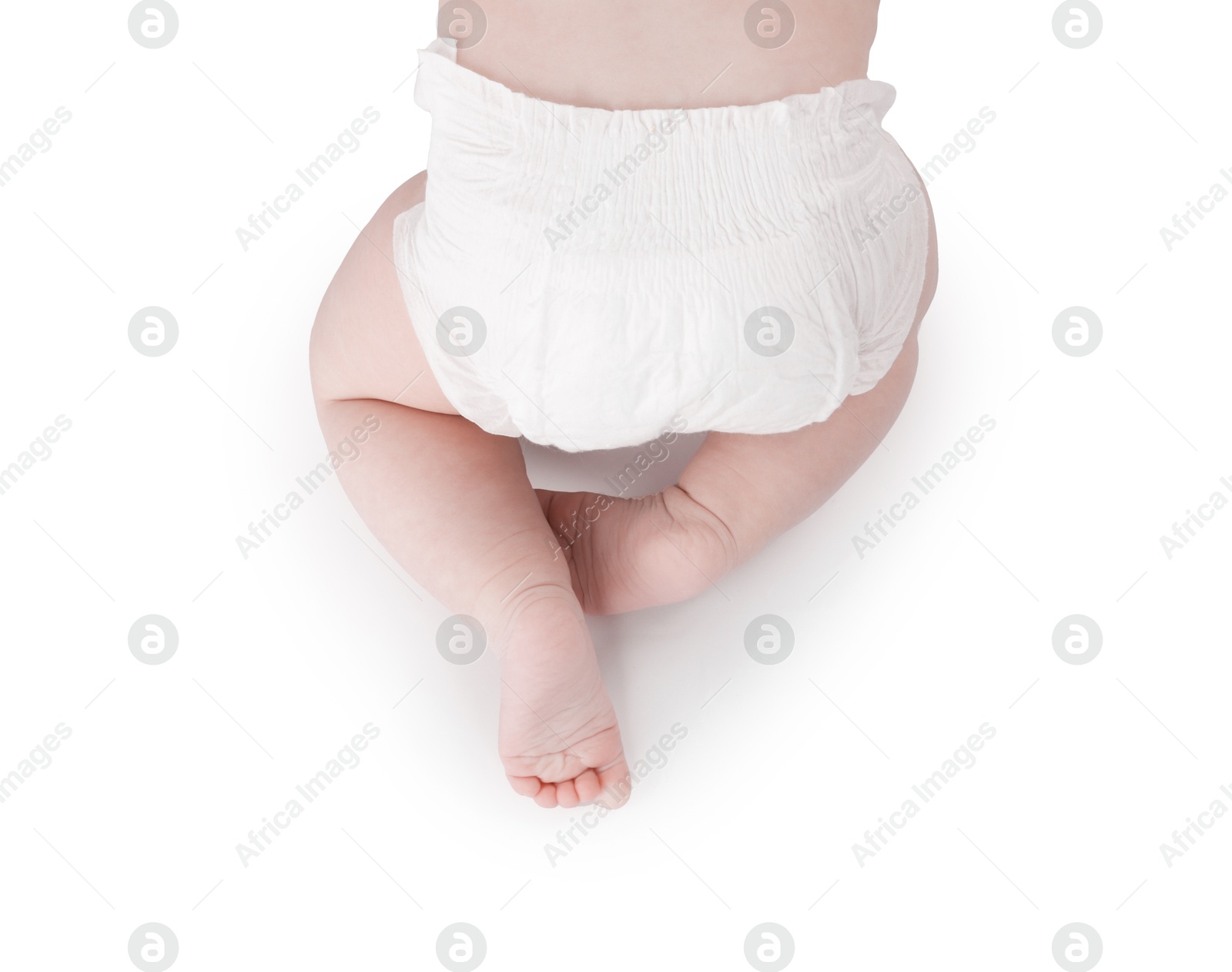 Cute little baby in diaper on white background, top view Photo of Cute little baby in diaper on white background, top view
