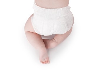Photo of Cute little baby in diaper on white background, top view