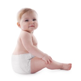 Photo of Cute little baby in diaper on white background