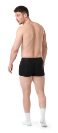 Photo of Young man in stylish black underwear on white background