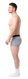 Photo of Young man in stylish light grey underwear on white background