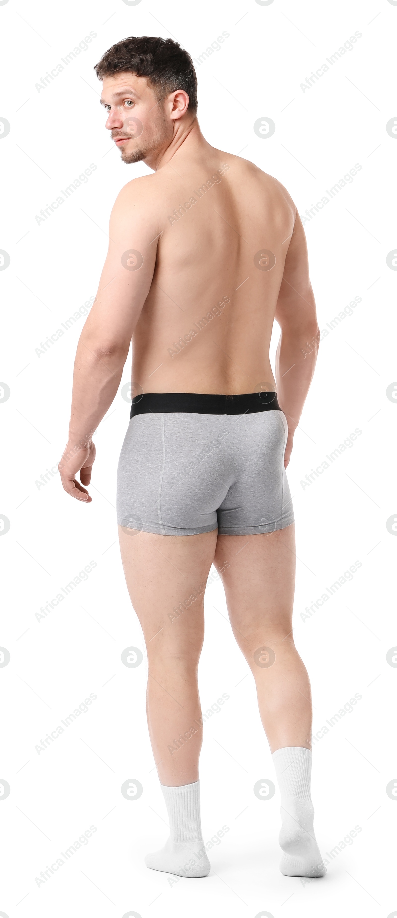 Young man in stylish light grey underwear on white background Photo of Young man in stylish light grey underwear on white background