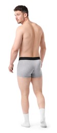 Photo of Young man in stylish light grey underwear on white background