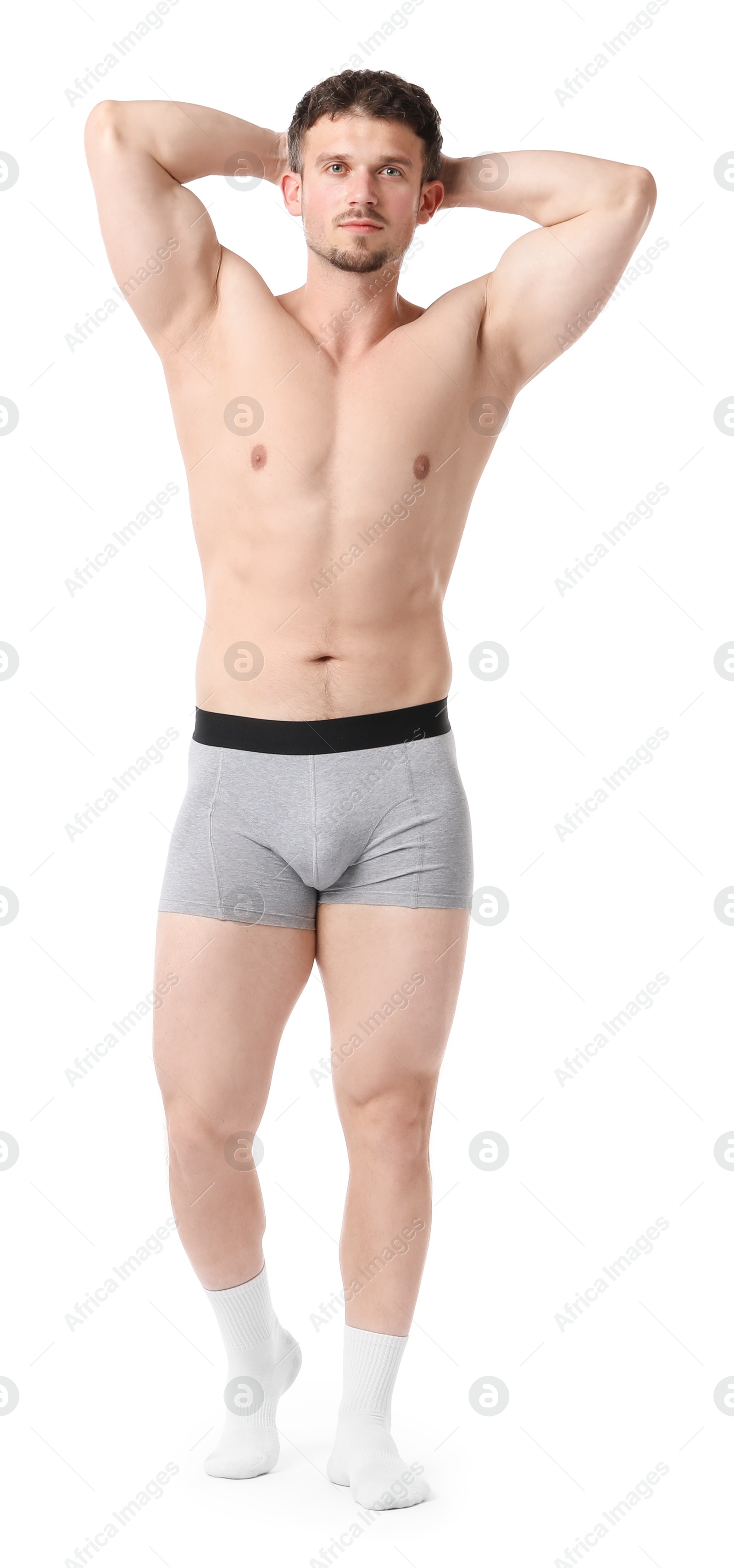 Young man in stylish light grey underwear on white background Photo of Young man in stylish light grey underwear on white background