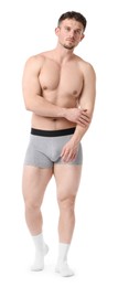 Photo of Young man in stylish light grey underwear on white background