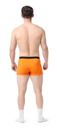 Photo of Young man in stylish orange underwear on white background, back view