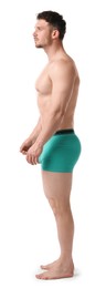Photo of Young man in stylish turquoise underwear on white background