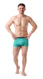 Photo of Young man in stylish turquoise underwear on white background