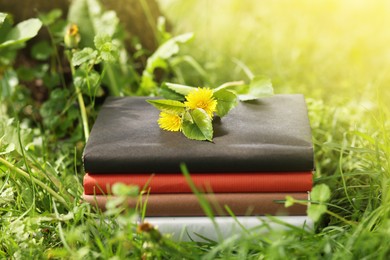 Photo of Stacked books with dandelion flowers on green grass outdoors, closeup