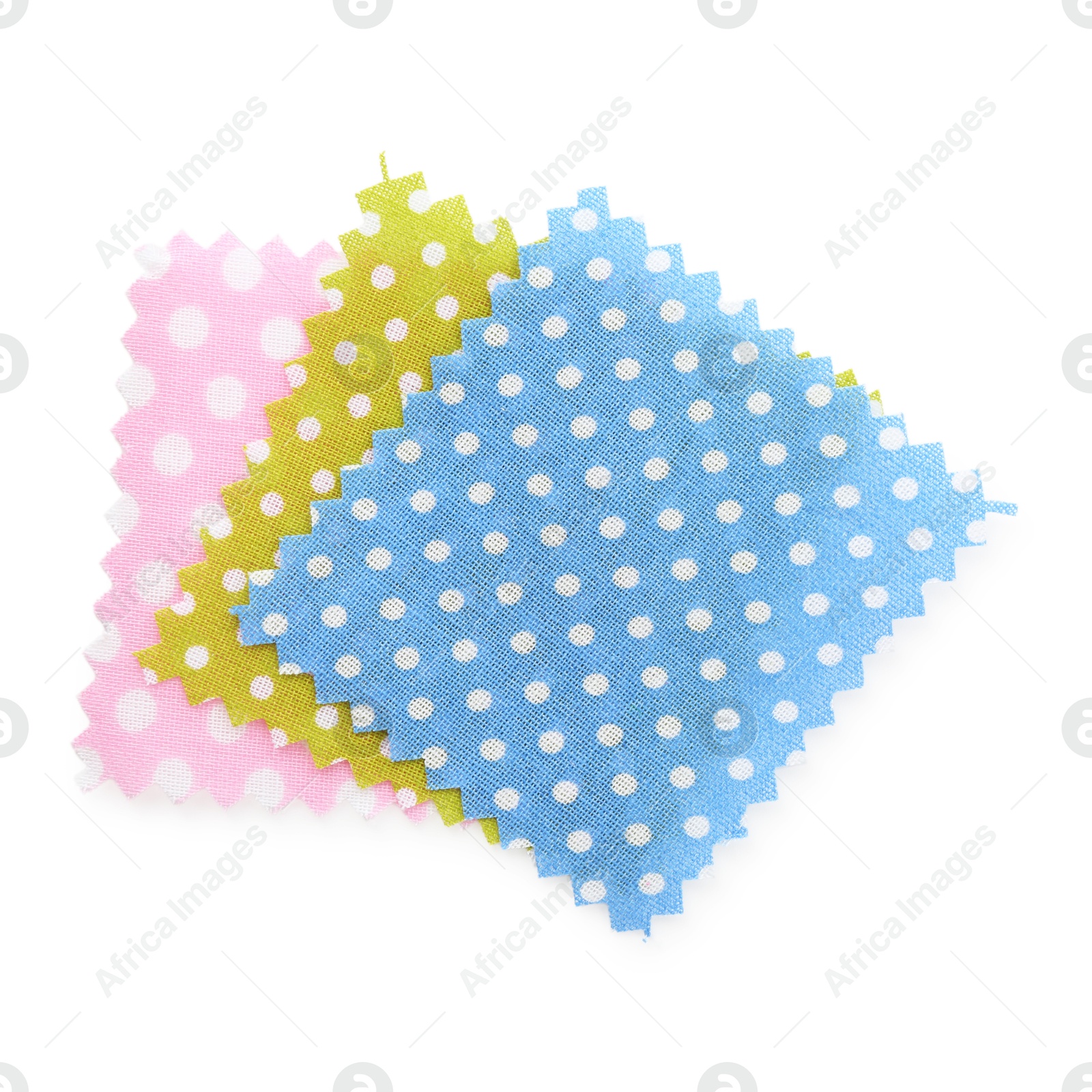 Samples of fabrics with polka dot pattern isolated on white, top view Photo of Samples of fabrics with polka dot pattern isolated on white, top view