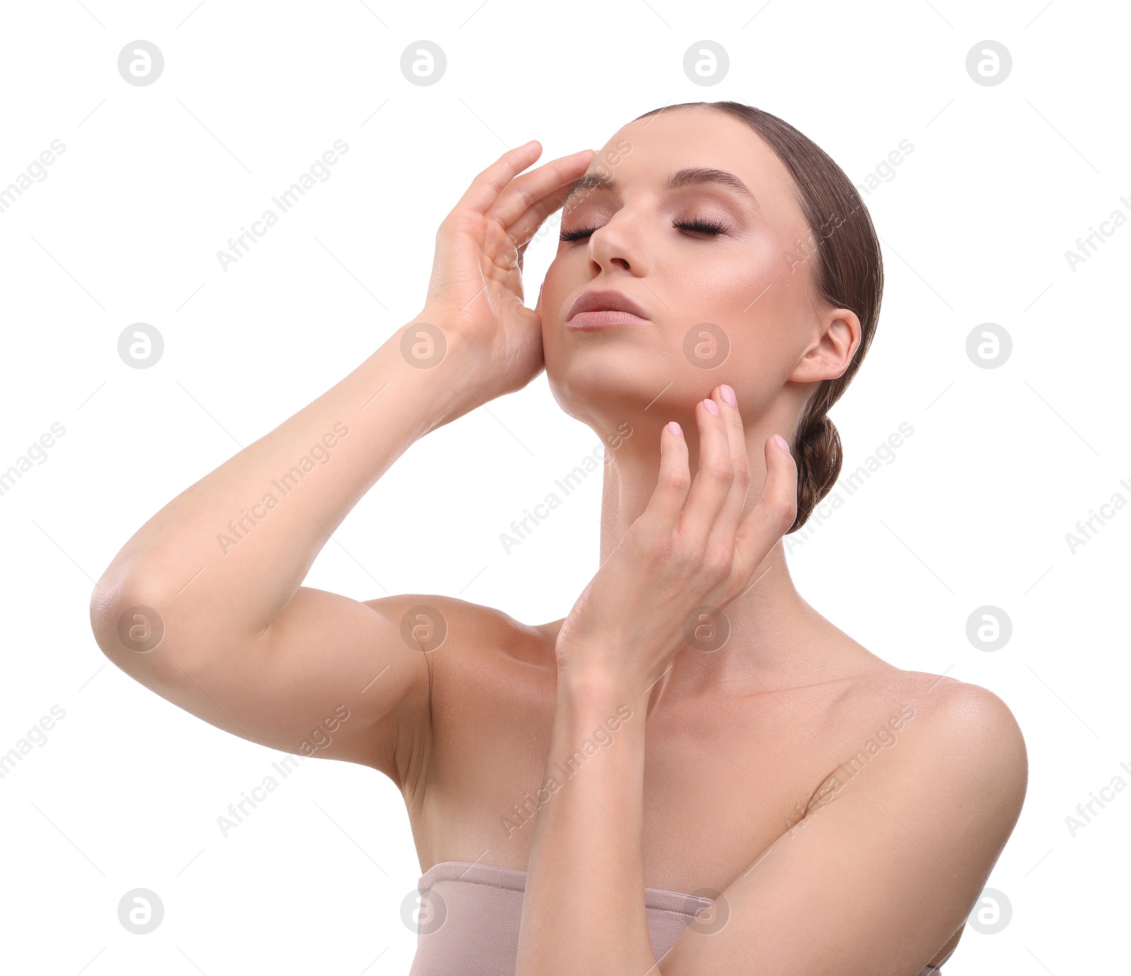 Portrait of beautiful young woman on white background Photo of Portrait of beautiful young woman on white background