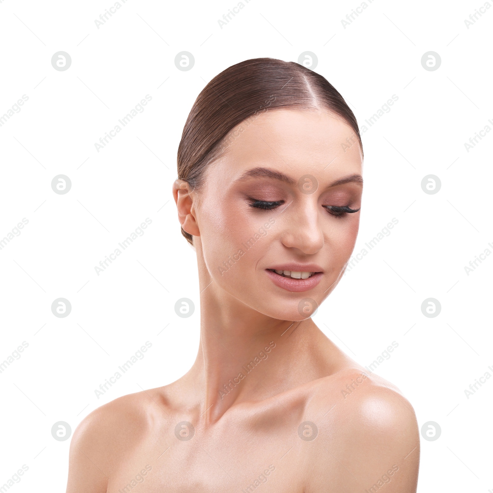 Portrait of beautiful young woman on white background Photo of Portrait of beautiful young woman on white background