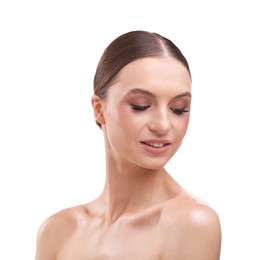 Photo of Portrait of beautiful young woman on white background