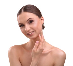 Photo of Portrait of beautiful young woman on white background
