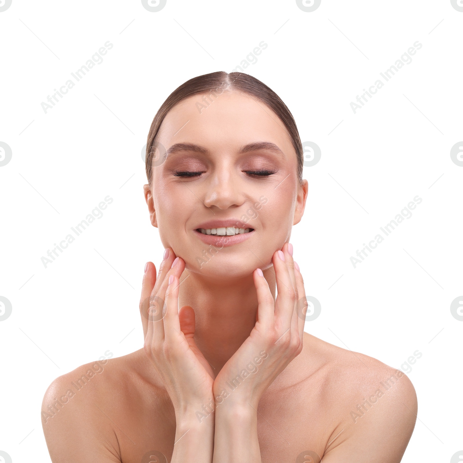 Portrait of beautiful young woman on white background Photo of Portrait of beautiful young woman on white background