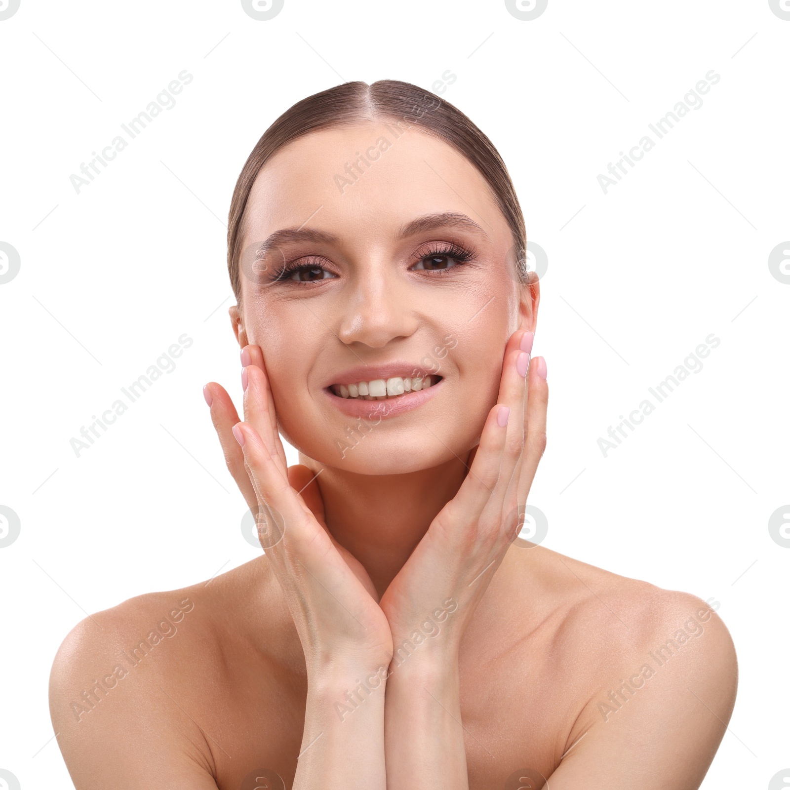 Portrait of beautiful young woman on white background Photo of Portrait of beautiful young woman on white background
