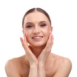 Photo of Portrait of beautiful young woman on white background