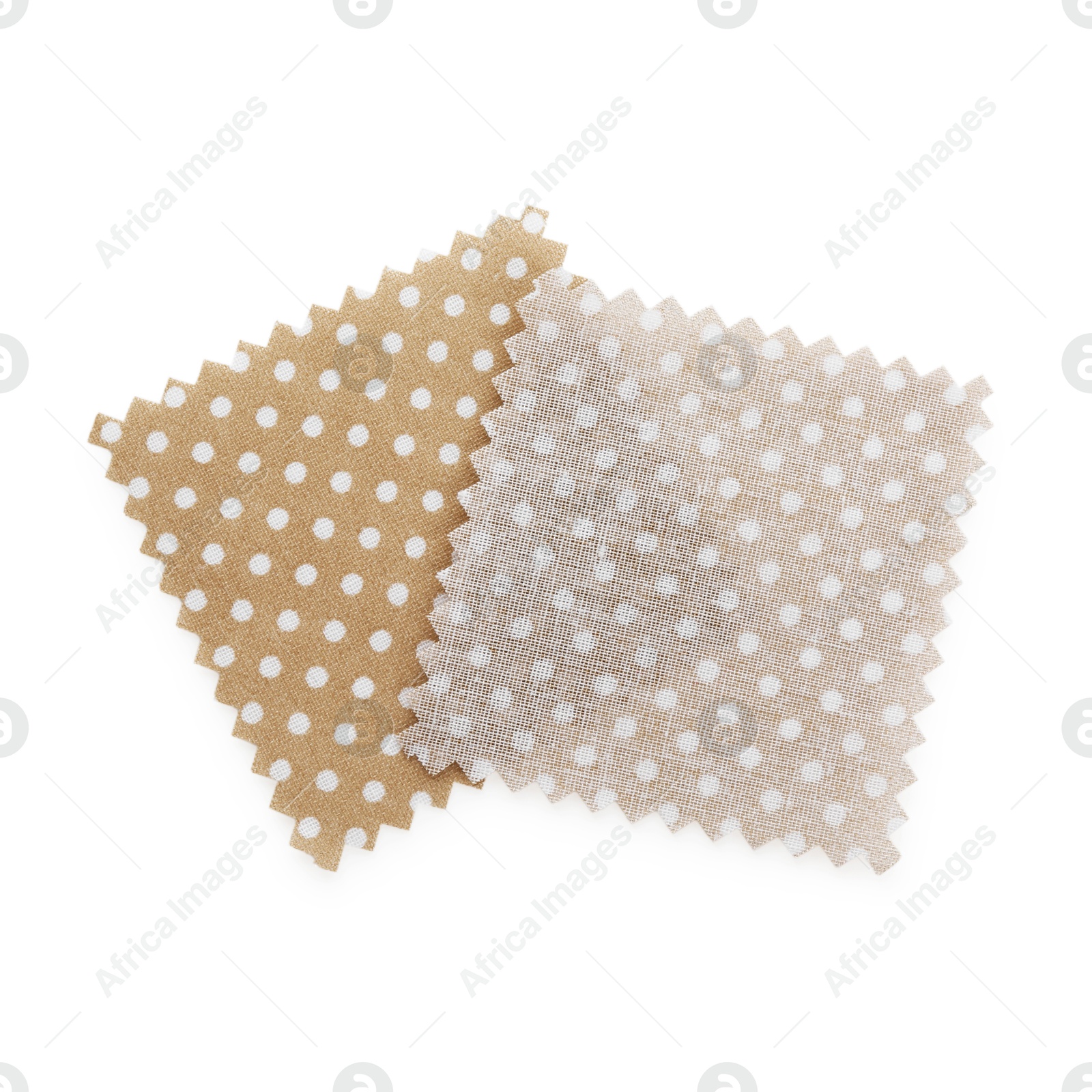 Samples of fabrics with polka dot pattern isolated on white, top view Photo of Samples of fabrics with polka dot pattern isolated on white, top view