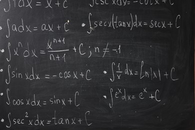 Photo of Black chalkboard with different mathematical formulas, closeup