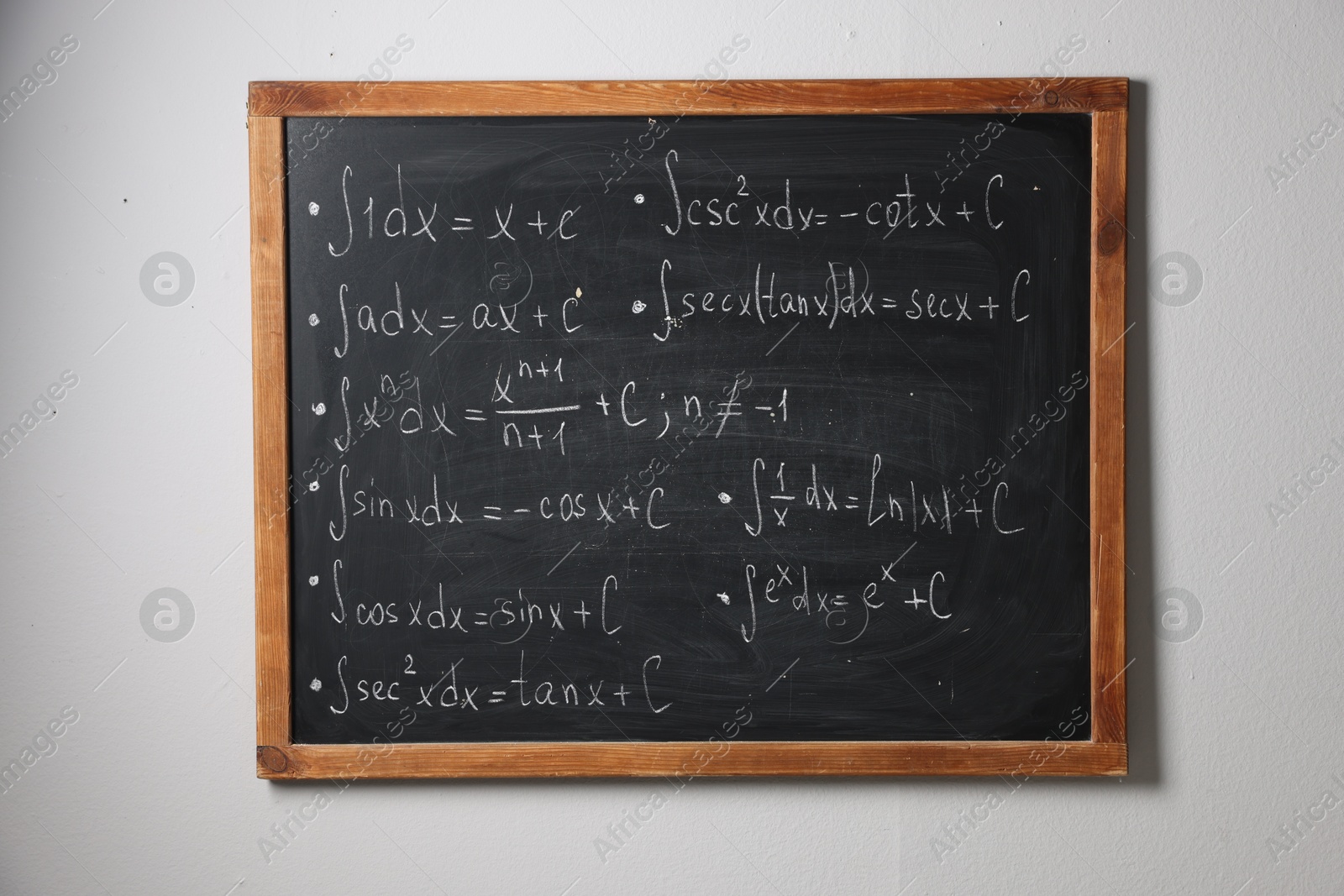 Blackboard with different mathematical formulas on white wall Photo of Blackboard with different mathematical formulas on white wall