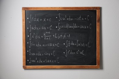 Photo of Blackboard with different mathematical formulas on white wall