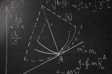 Photo of Black chalkboard with different mathematical formulas, closeup