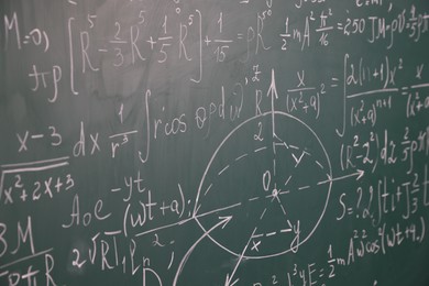 Photo of Blackboard with different mathematical formulas, closeup view