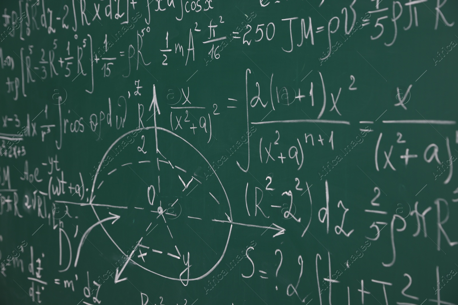 Blackboard with different mathematical formulas, closeup view Photo of Blackboard with different mathematical formulas, closeup view