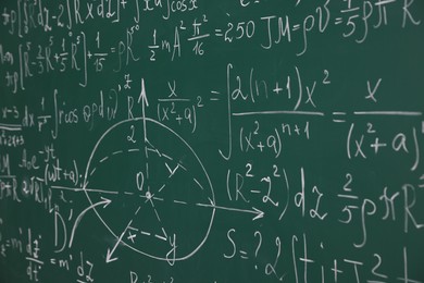 Photo of Blackboard with different mathematical formulas, closeup view