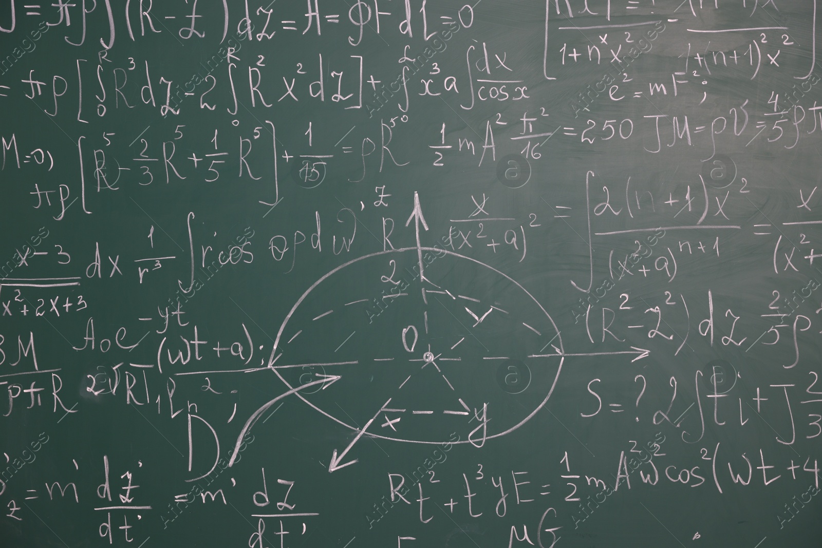 Green chalkboard with different mathematical formulas, closeup Photo of Green chalkboard with different mathematical formulas, closeup