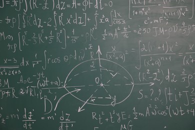 Photo of Green chalkboard with different mathematical formulas, closeup