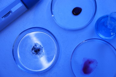 Photo of Petri dishes and flask with samples on table, flat lay. Color toned