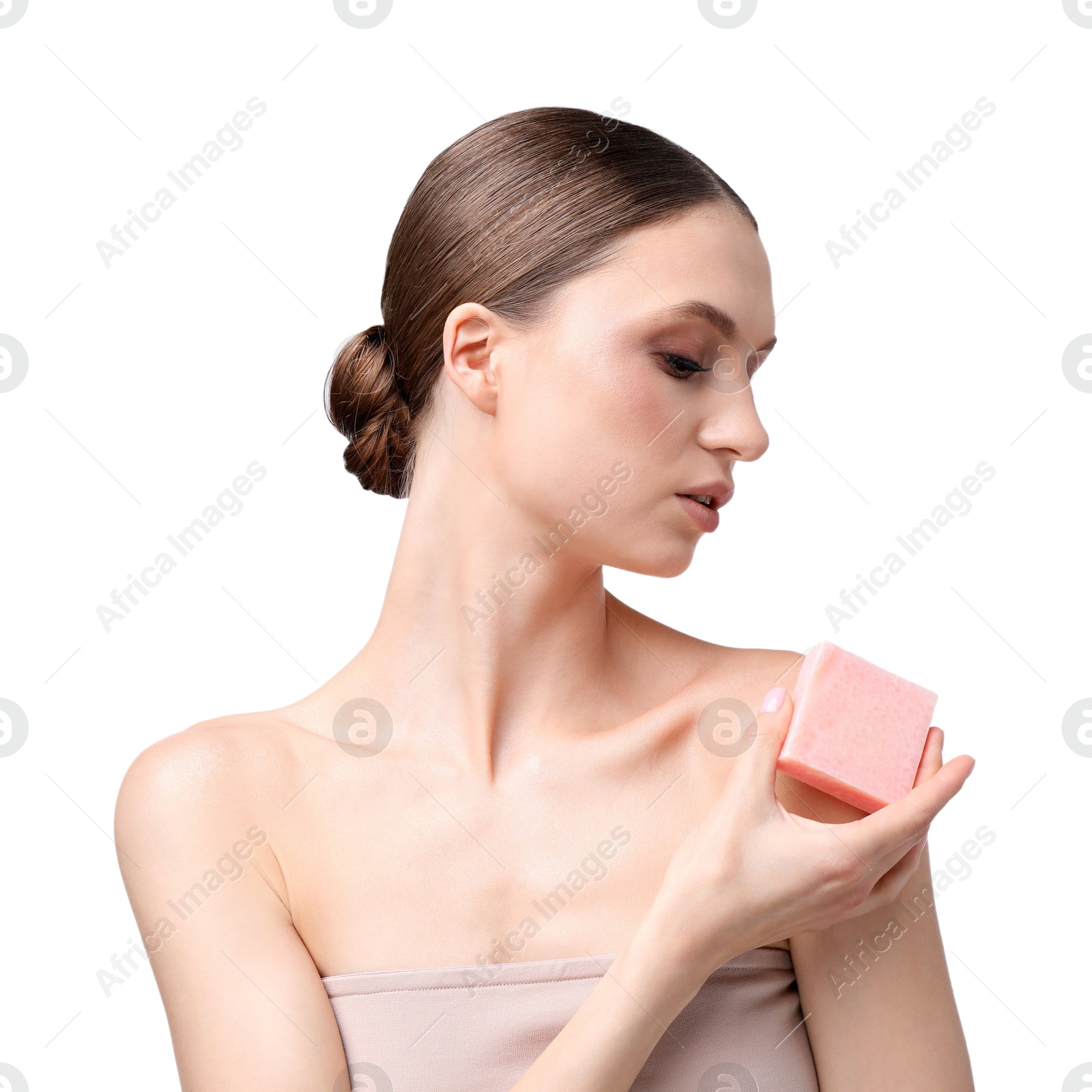Beautiful woman with soap bar on white background Photo of Beautiful woman with soap bar on white background