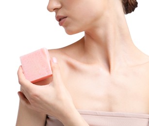 Photo of Woman with soap bar on white background, closeup