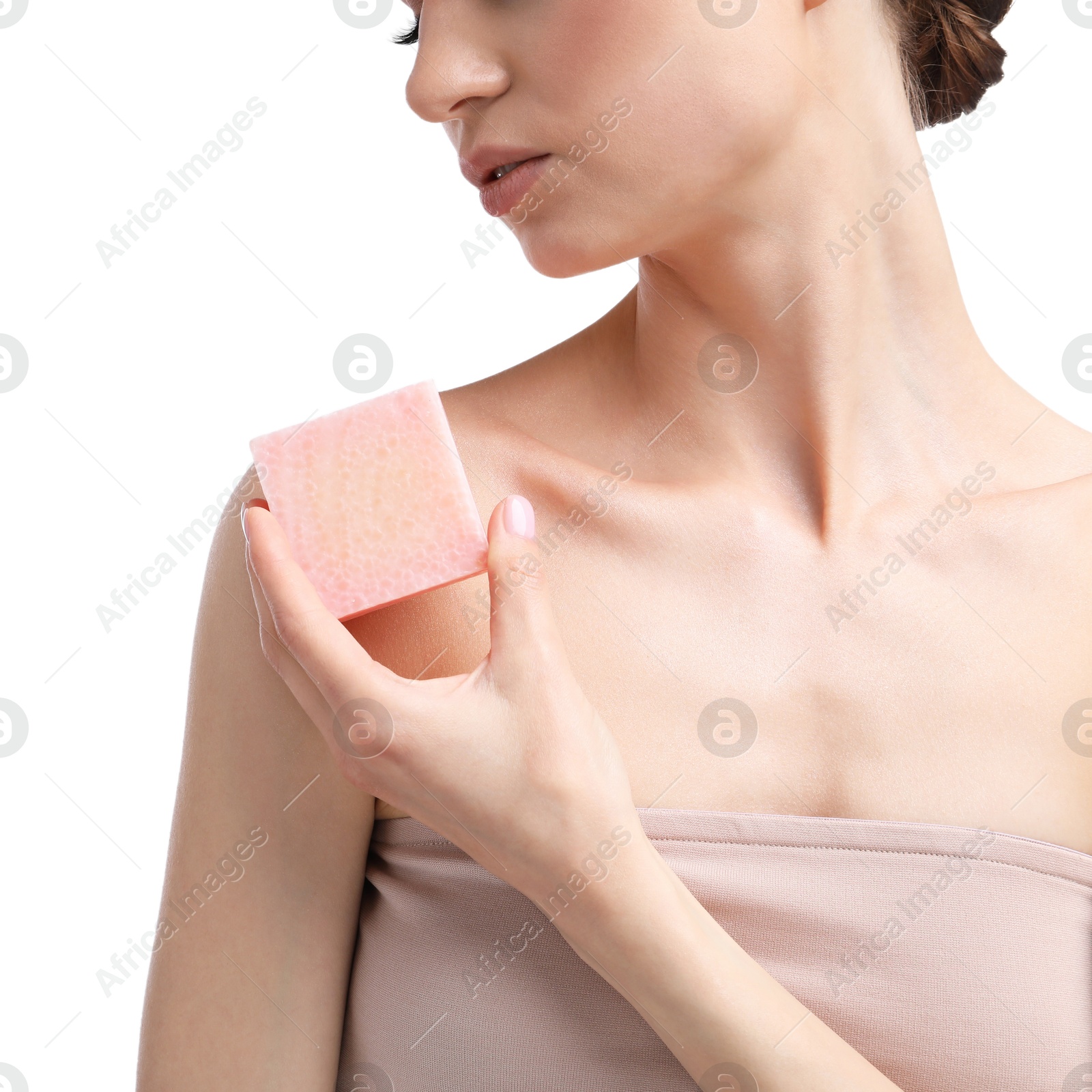 Woman with soap bar on white background, closeup Photo of Woman with soap bar on white background, closeup