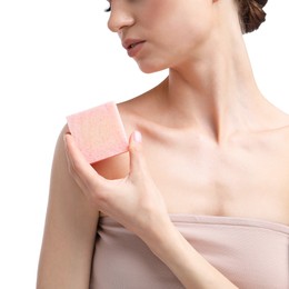 Photo of Woman with soap bar on white background, closeup