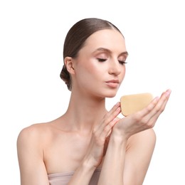 Photo of Beautiful woman with soap bar on white background