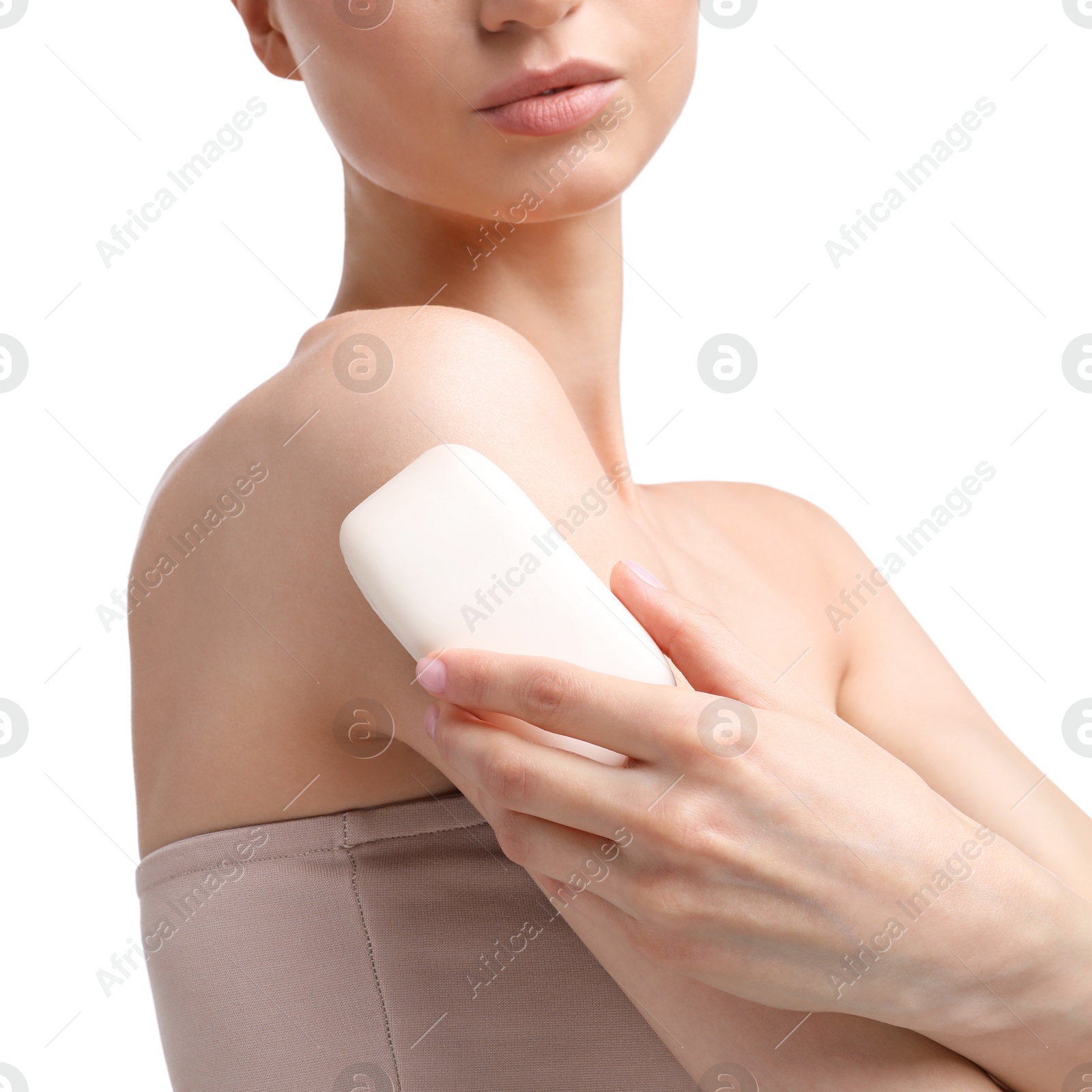 Woman with soap bar on white background, closeup Photo of Woman with soap bar on white background, closeup