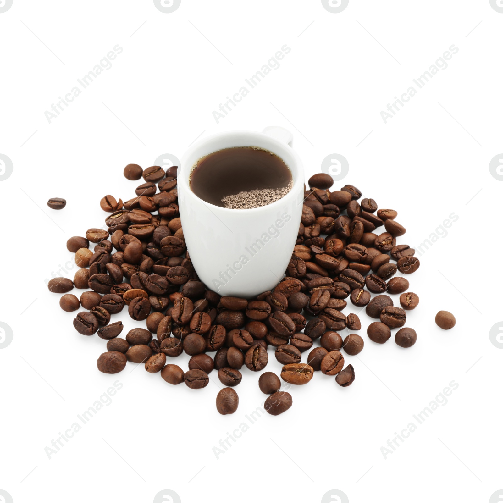 Aromatic coffee in cup and beans isolated on white Photo of Aromatic coffee in cup and beans isolated on white