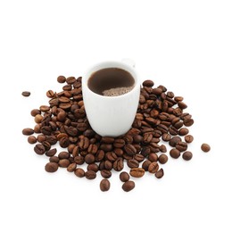 Photo of Aromatic coffee in cup and beans isolated on white