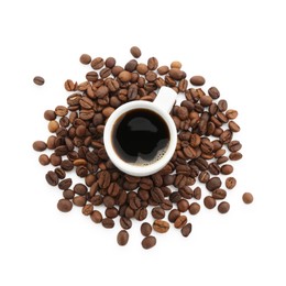 Photo of Aromatic coffee in cup and beans isolated on white, top view