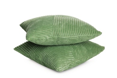 Photo of Two stylish green cushions isolated on white