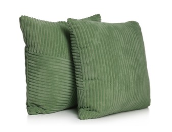 Photo of Two stylish green cushions isolated on white
