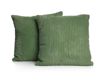 Photo of Two stylish green cushions isolated on white