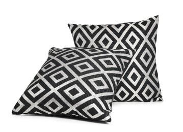 Photo of Two stylish cushions with pattern isolated on white