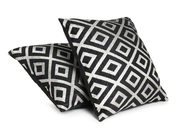 Photo of Two stylish cushions with pattern isolated on white