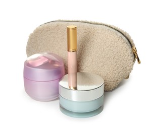 Photo of Cosmetic products and bag isolated on white