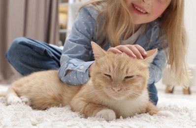 Photo of Little girl with her cute ginger cat at home, closeup