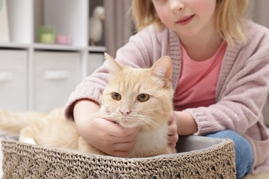 Photo of Little girl with her cute ginger cat at home, closeup
