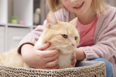 Photo of Little girl with her cute ginger cat at home, closeup